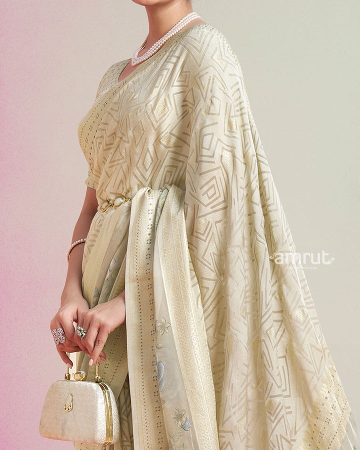 Beige with Pastel Printed Saree with Unstitched Blouse 03