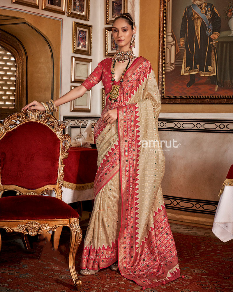 Beige with Red Floral Motifs Printed Border Saree and Unstitched Blouse 01