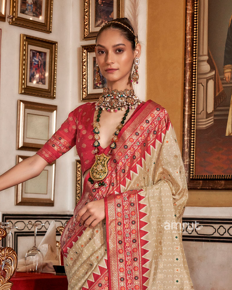 Beige with Red Floral Motifs Printed Border Saree and Unstitched Blouse 02