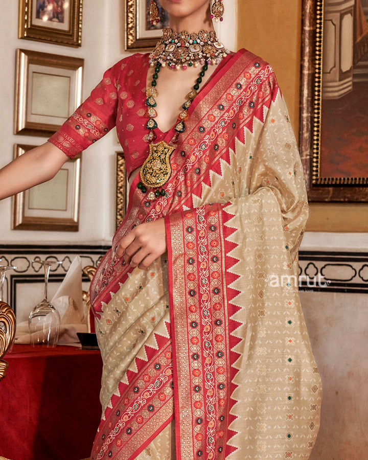Beige with Red Floral Motifs Printed Border Saree and Unstitched Blouse 03