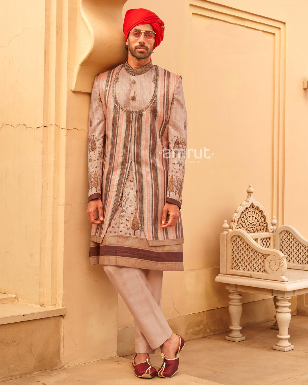 Beige lehenga Set and Men Kurta Set with Printed Coat