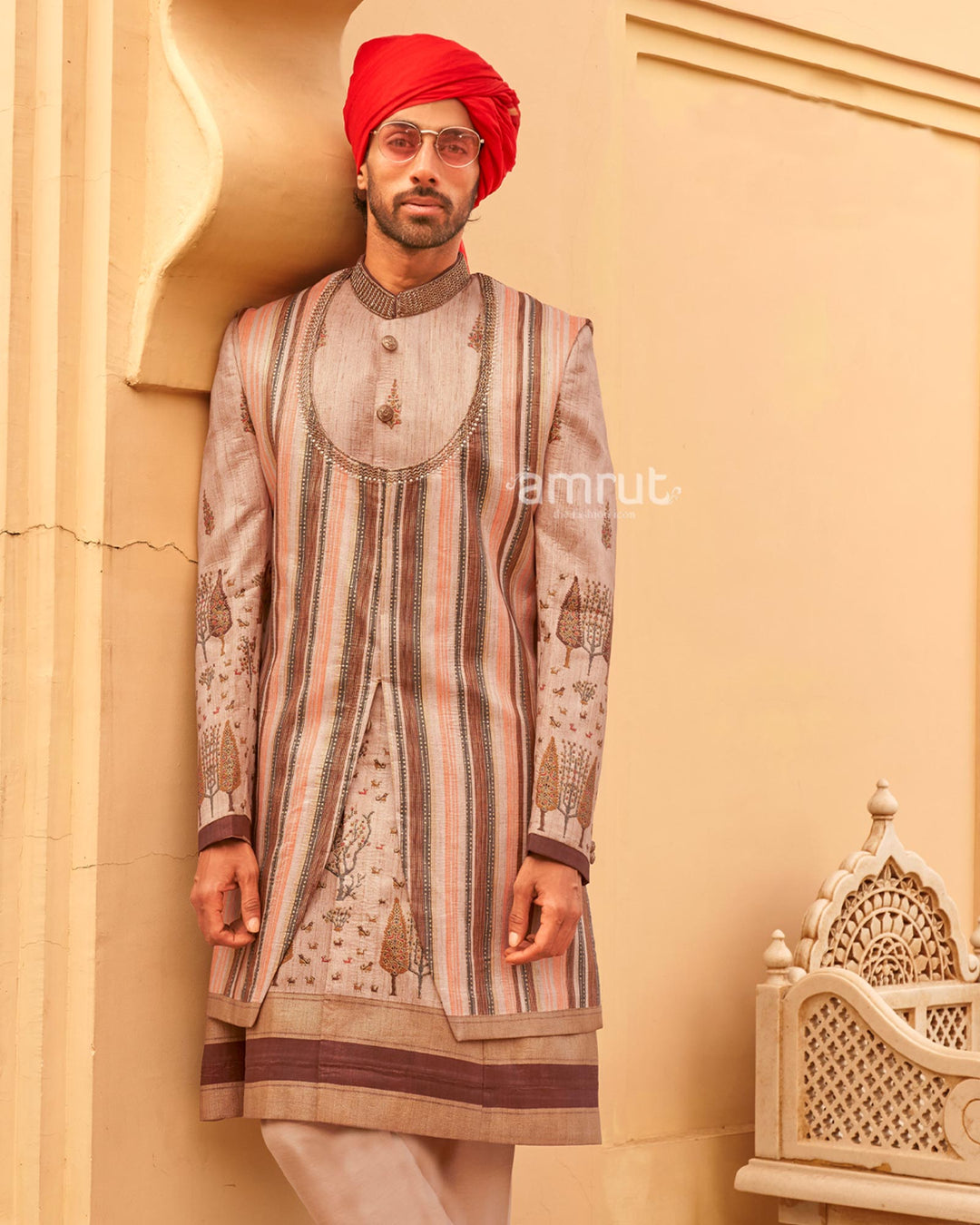 Beige lehenga Set and Men Kurta Set with Printed Coat