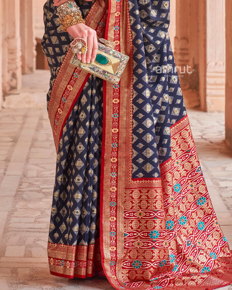 Berry Blue Foil Printed Silk Saree With Red Contrast Woven Pallu