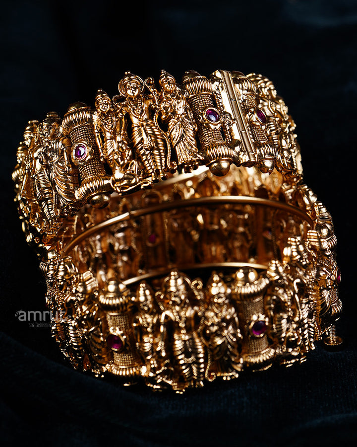 Bhagwan Ram Carving and Red Gemstone Accents Gold Toned Bangles 02