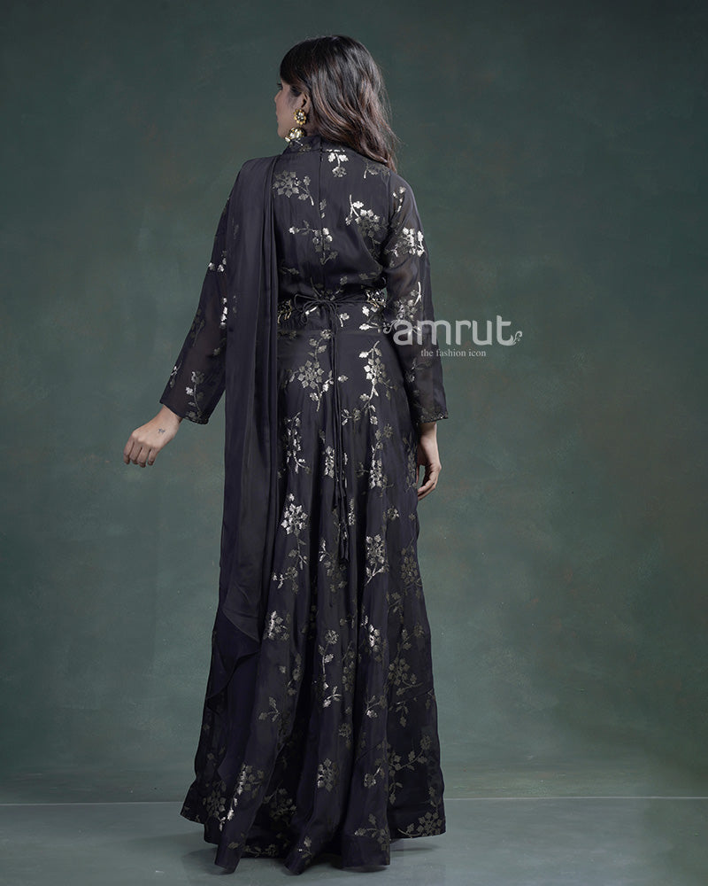Black Embroidered Gown & Attached Dupatta With Waist Belt Set