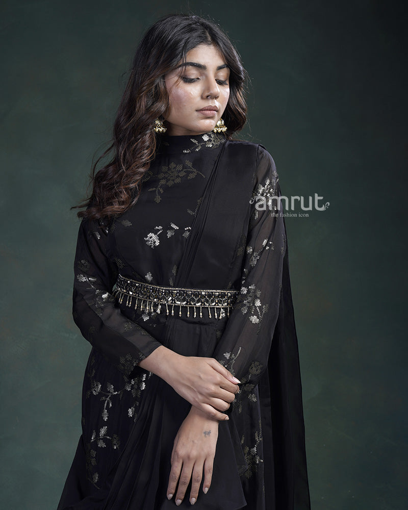 Black Embroidered Gown & Attached Dupatta With Waist Belt Set