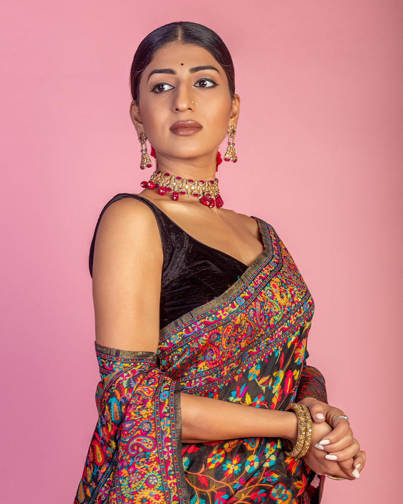 Black Floral Printed Saree and Unstitched Blouse