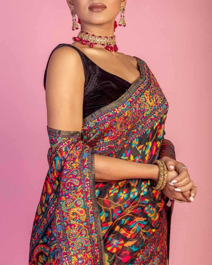 Black Floral Printed Saree and Unstitched Blouse