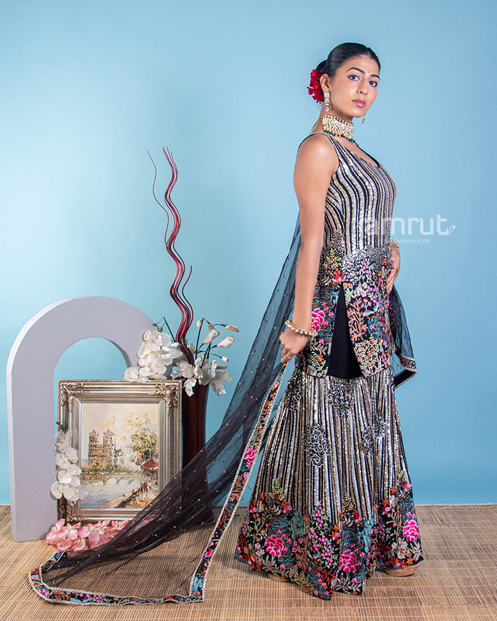 Black Georgette Kurta Palazzo Set With Sequins and Thread Work