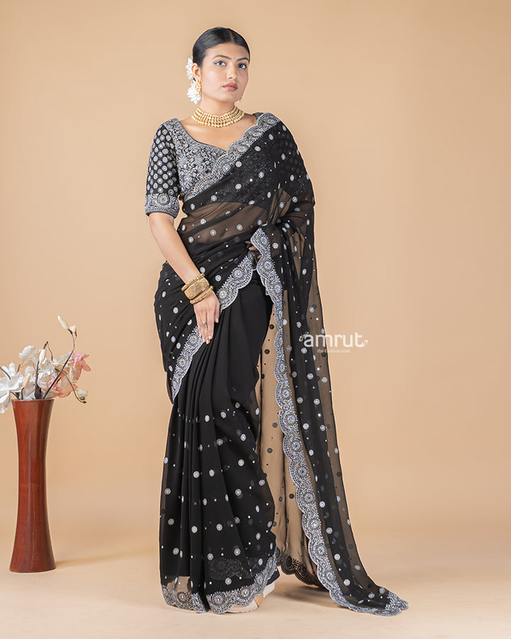 Black Georgette Saree With Sequins Embroidered Stitched Blouse