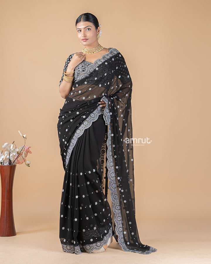 Black Georgette Saree With Sequins Embroidered Stitched Blouse