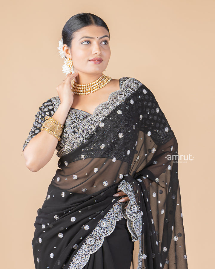 Black Georgette Saree With Sequins Embroidered Stitched Blouse