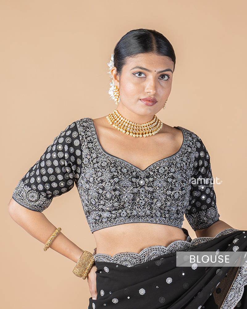 Black Georgette Saree With Sequins Embroidered Stitched Blouse