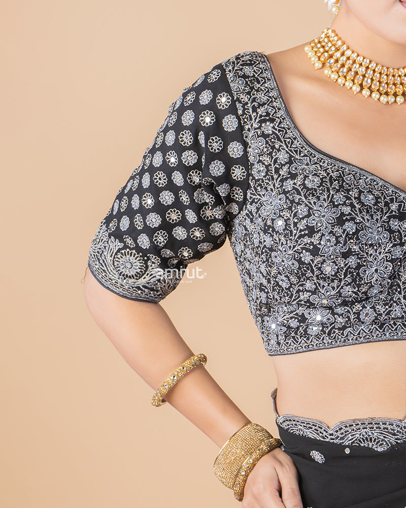 Black Georgette Saree With Sequins Embroidered Stitched Blouse