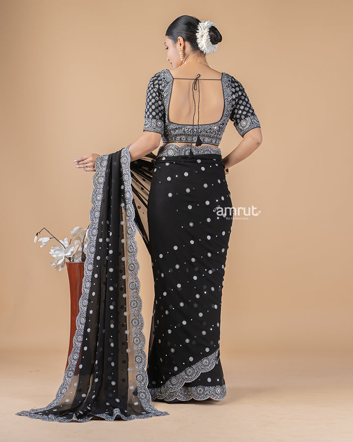 Black Georgette Saree With Sequins Embroidered Stitched Blouse