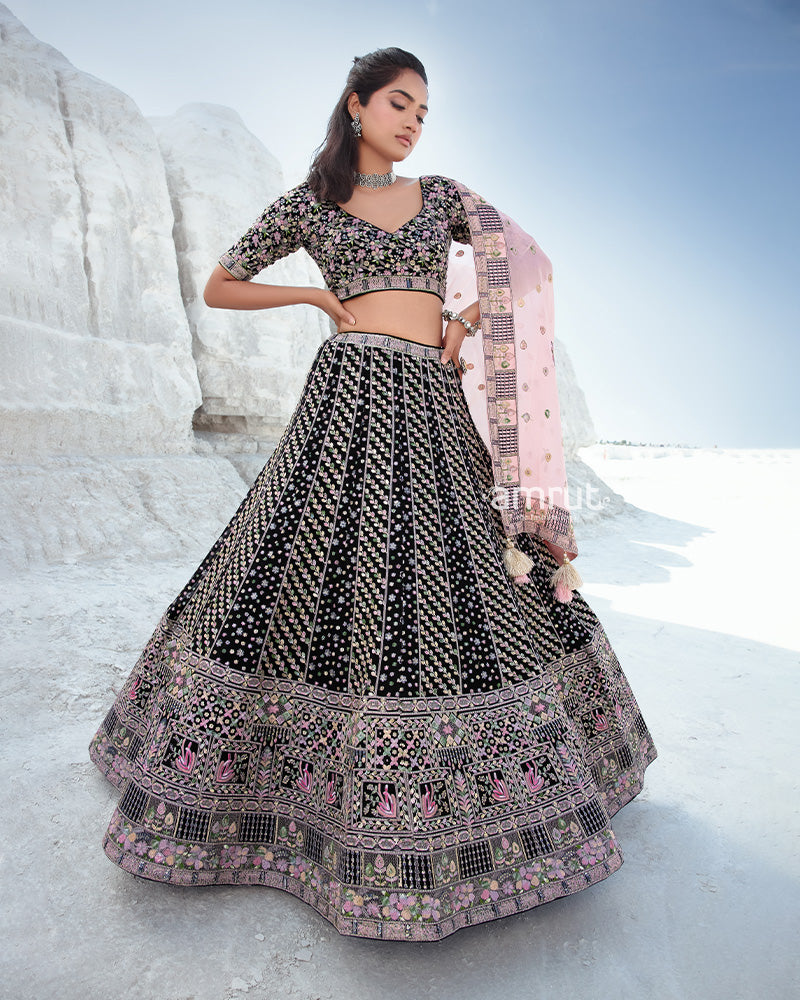 Black and silver lehenga with structured frill dupatta – Ricco India