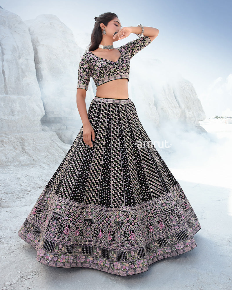 Black Jacquard Floral Woven Jaal Flared Lehenga With Sequins Work