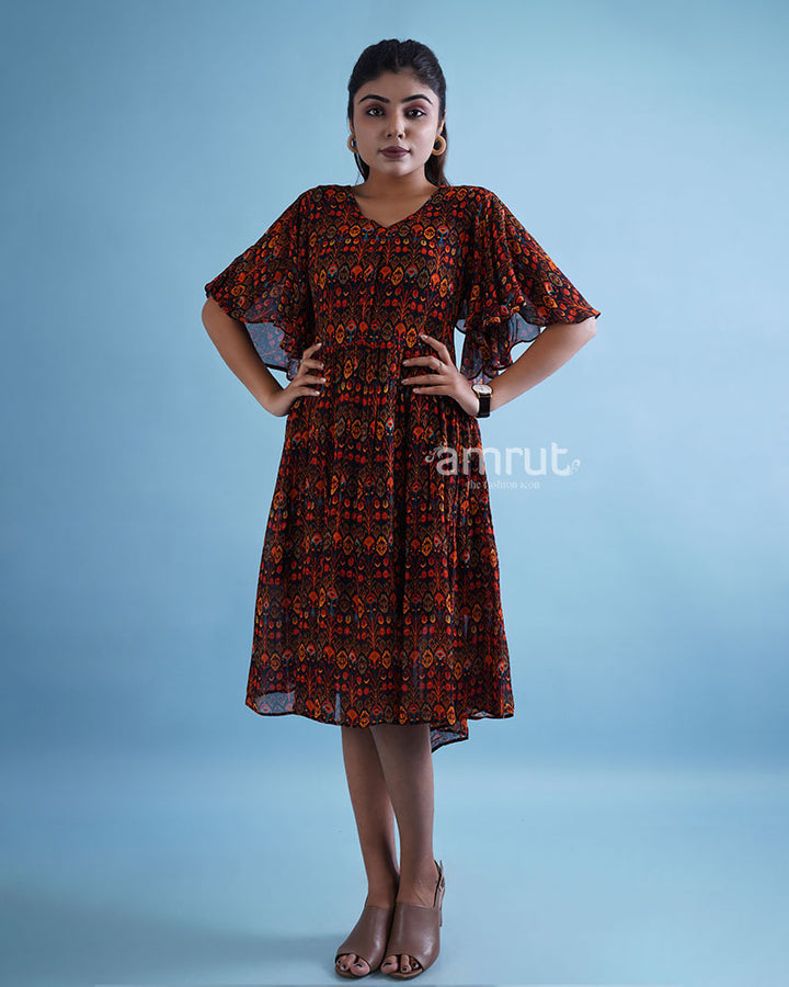 Black Knee Length with Red Printed Flared Dress