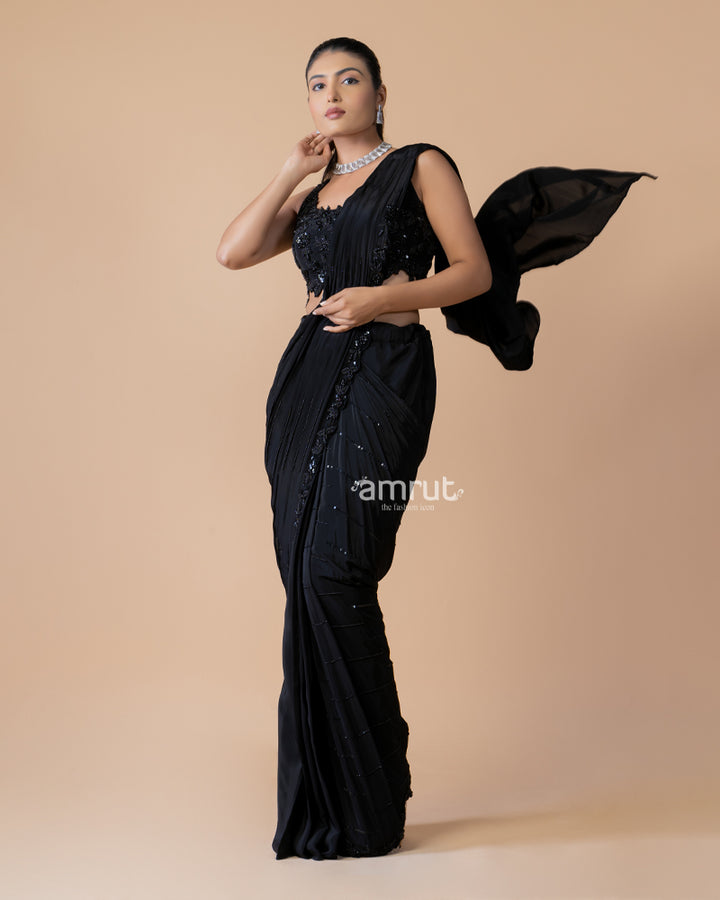 Black Lycra Ready to Wear Saree and Stitched Blouse
