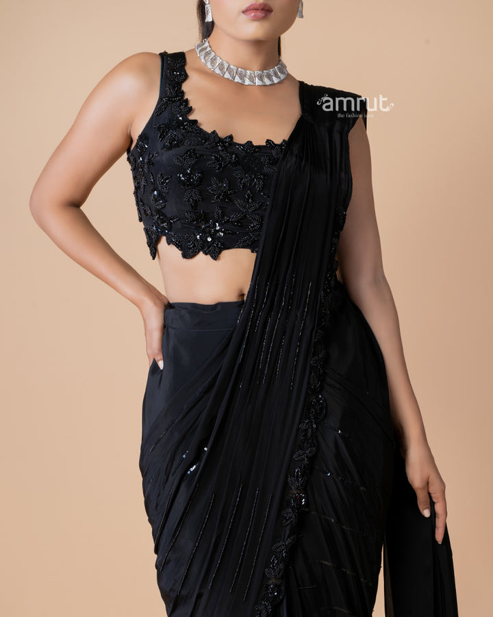 Black Lycra Ready to Wear Saree and Stitched Blouse