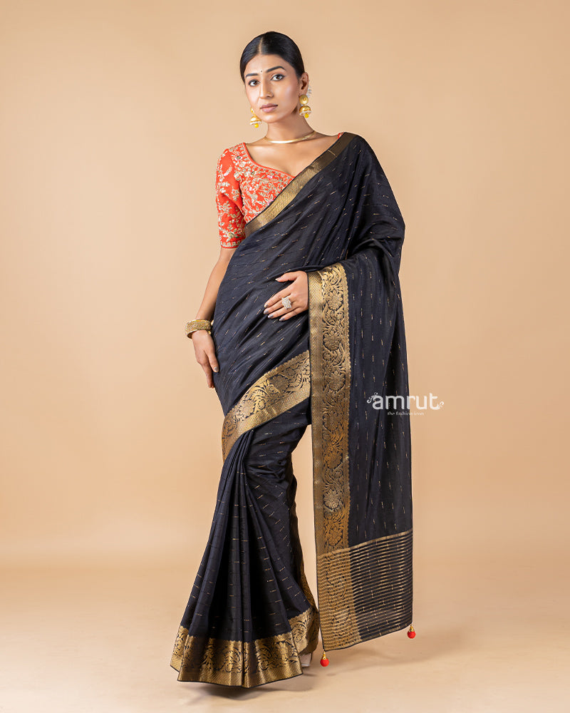 Black Saree In Georgette With Stitched Blouse