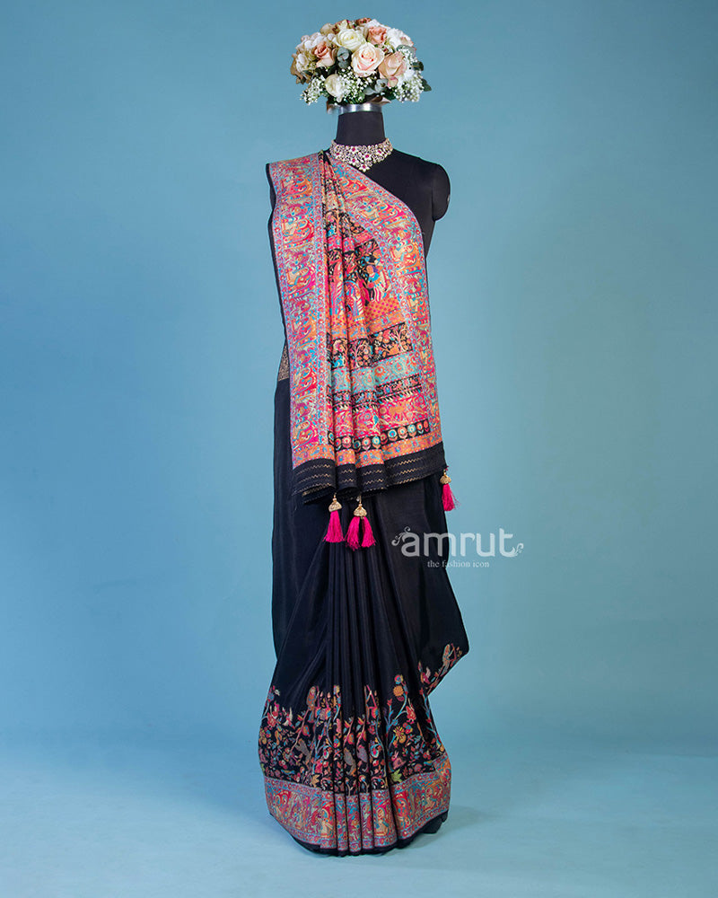 Black Silk Saree With Multi-Color Floral Printed Pallu and Unstitched Blouse