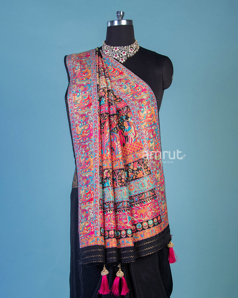 Black Silk Saree With Multi-Color Floral Printed Pallu and Unstitched Blouse