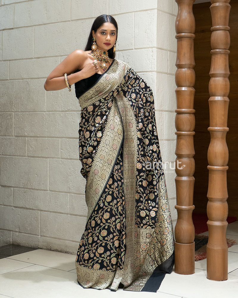 Black Banarasi Georgette Saree with Multicolor Zari Weave and Unstitched Blouse 01
