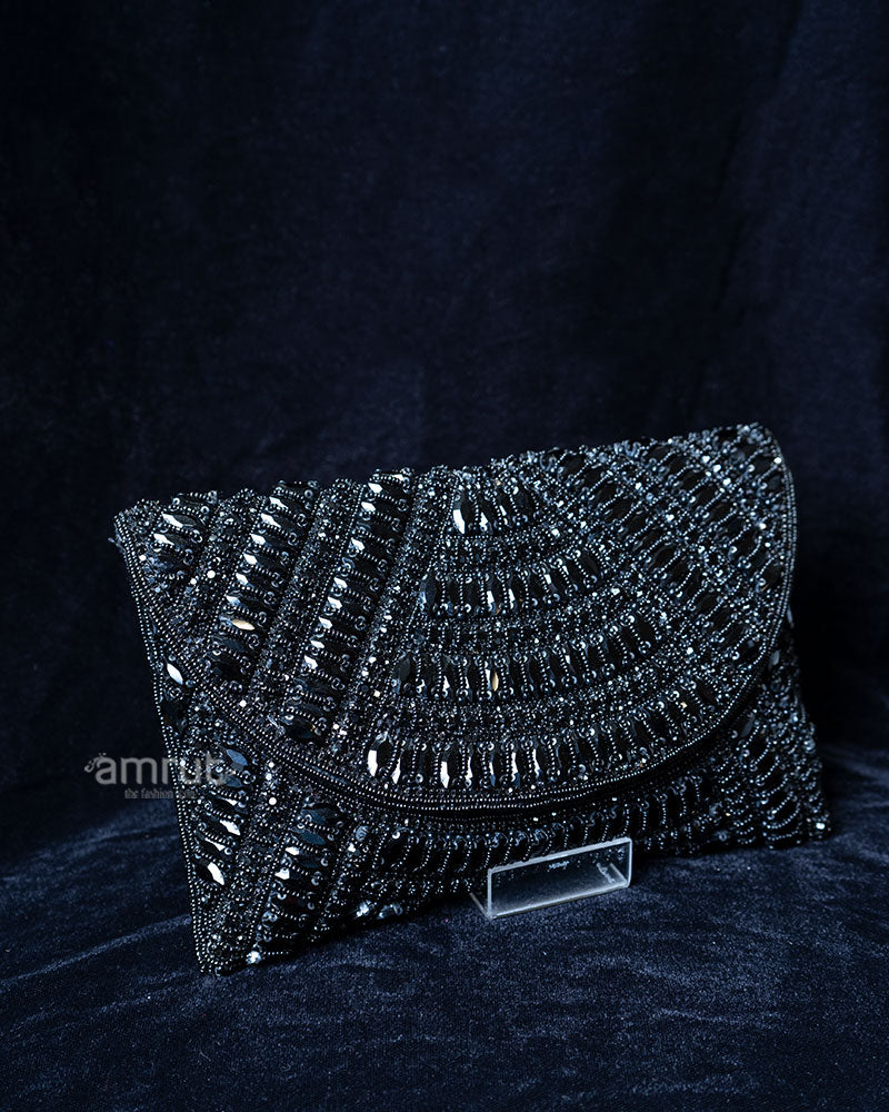 Black Beaded Envelope with Rhinestone Accents Clutch Handbag 01