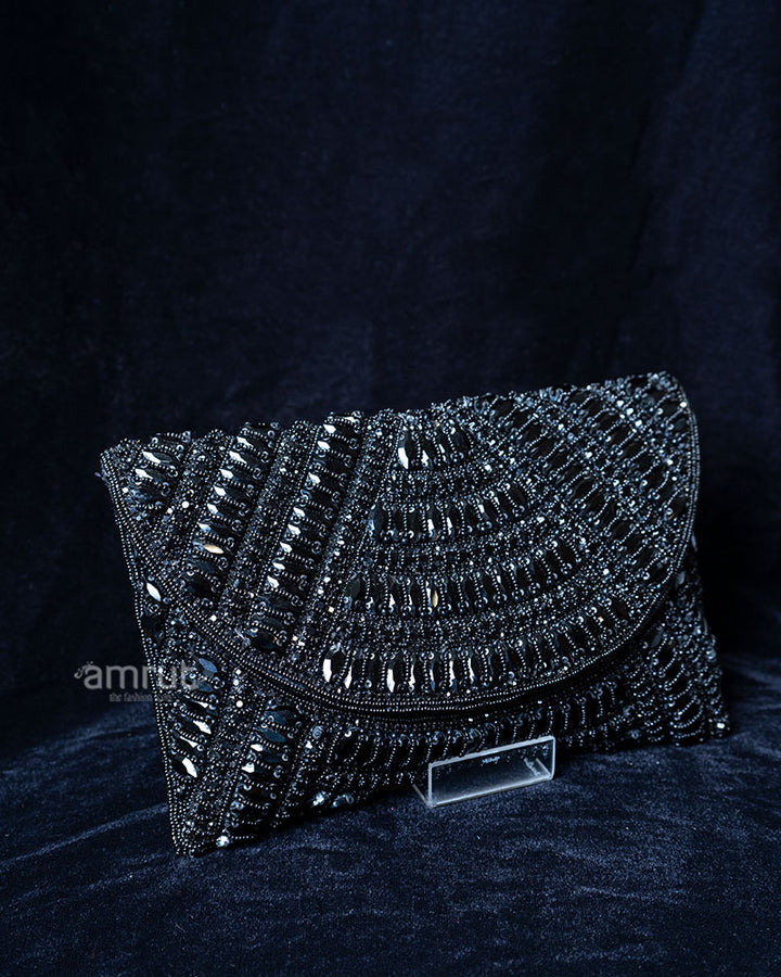 Black Beaded Envelope with Rhinestone Accents Clutch Handbag 01