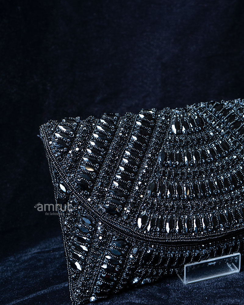 Black Beaded Envelope with Rhinestone Accents Clutch Handbag 02