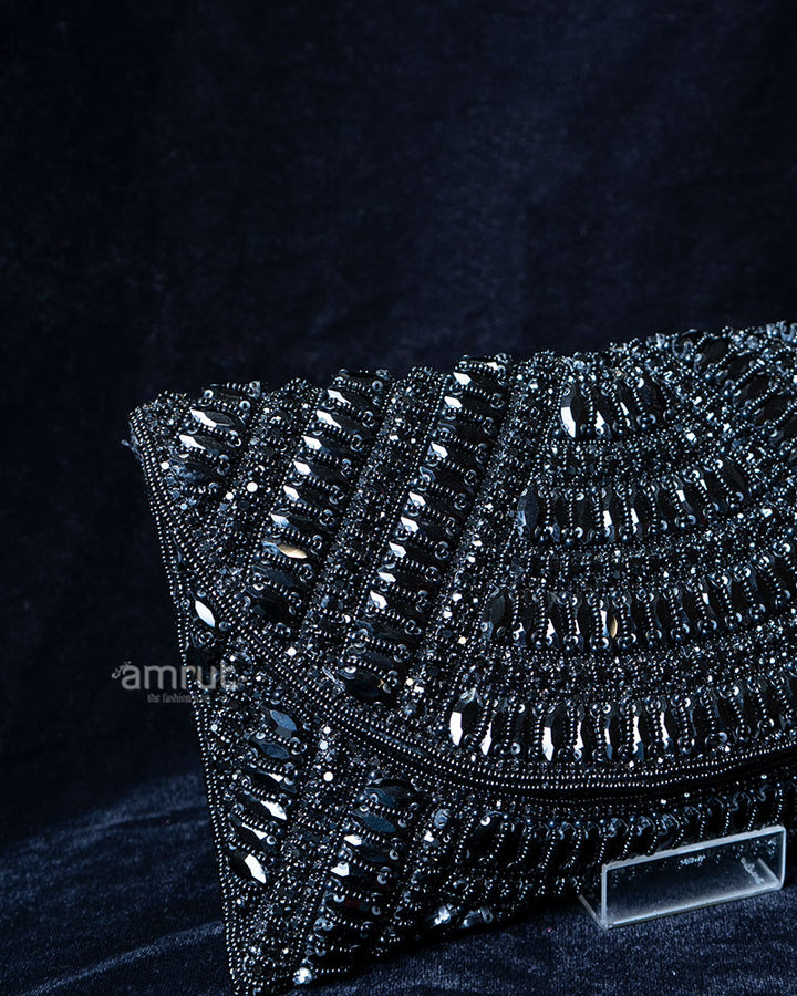 Black Beaded Envelope with Rhinestone Accents Clutch Handbag 02