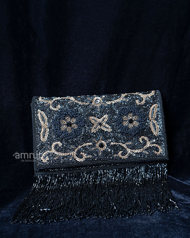 Black Beaded Floral and Scrollwork with Fringe Clutch 01