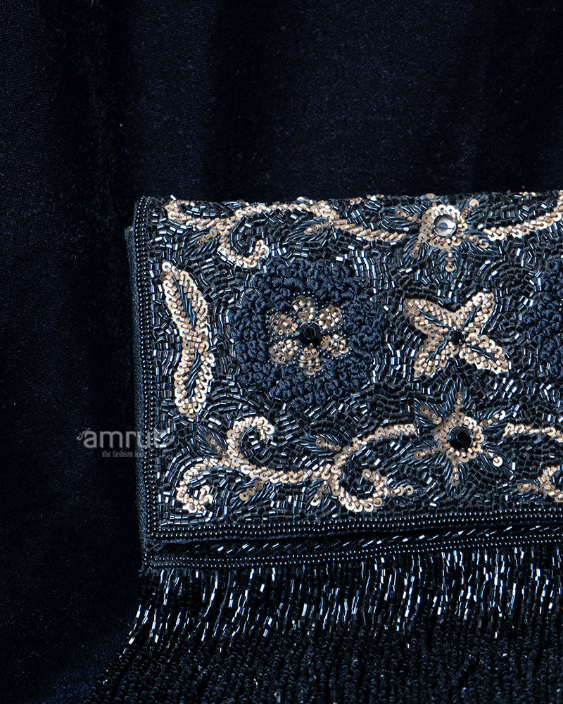 Black Beaded Floral and Scrollwork with Fringe Clutch 02