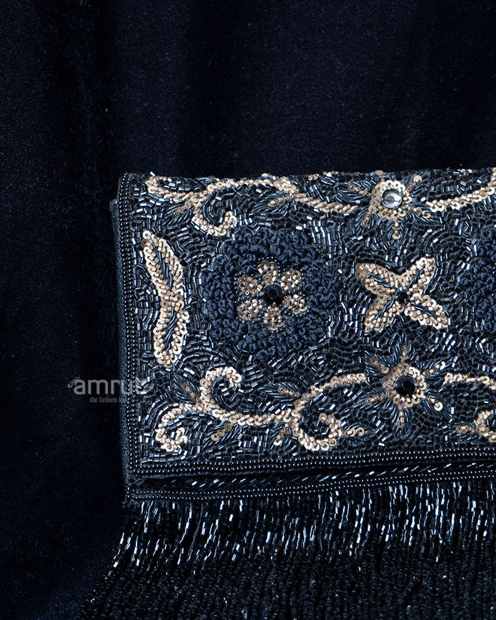 Black Beaded Floral and Scrollwork with Fringe Clutch 02