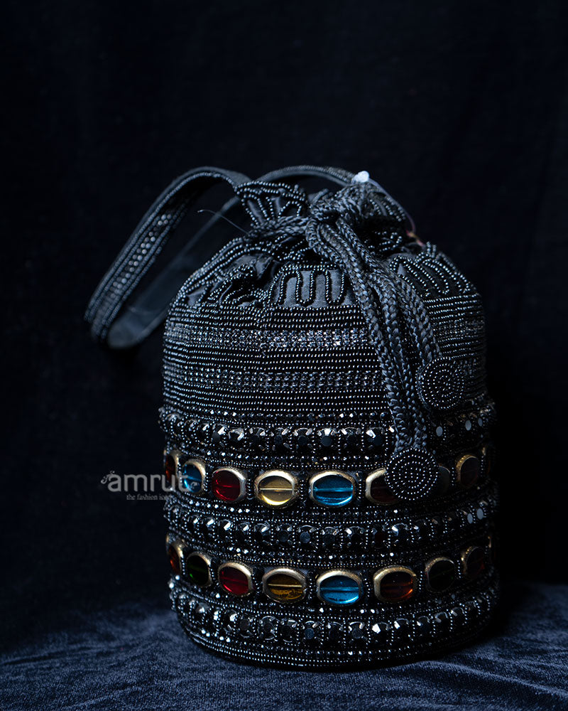 Black Beaded with Colorful Gemstone Accents Potli Bag 01