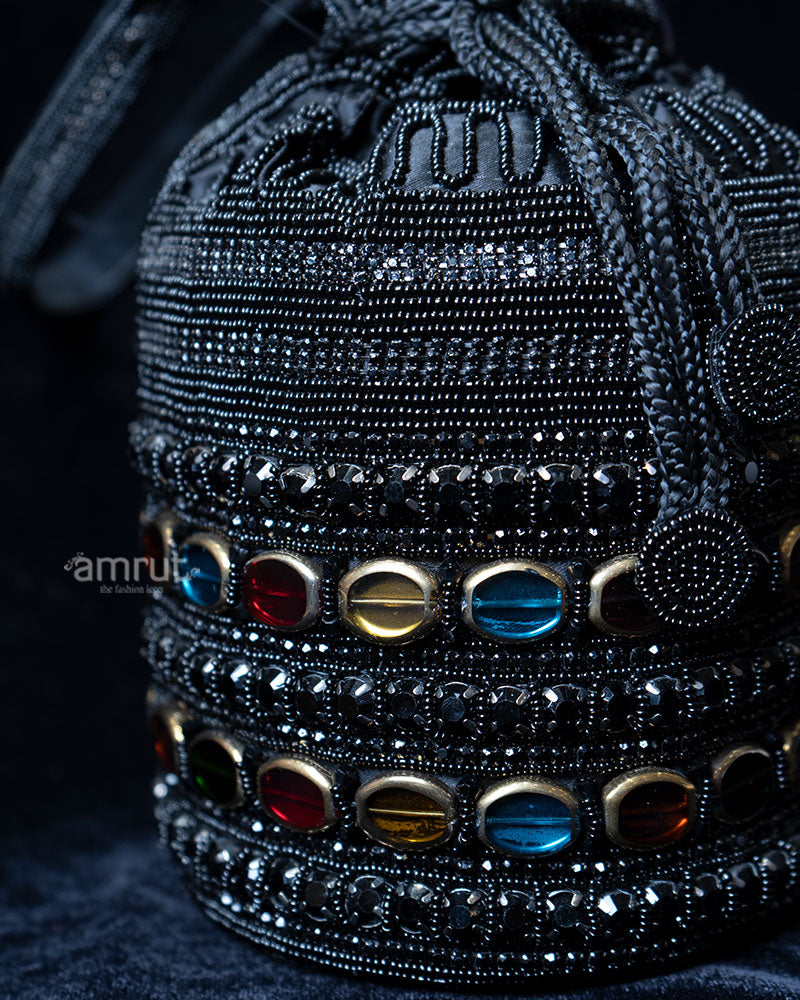 Black Beaded with Colorful Gemstone Accents Potli Bag 02