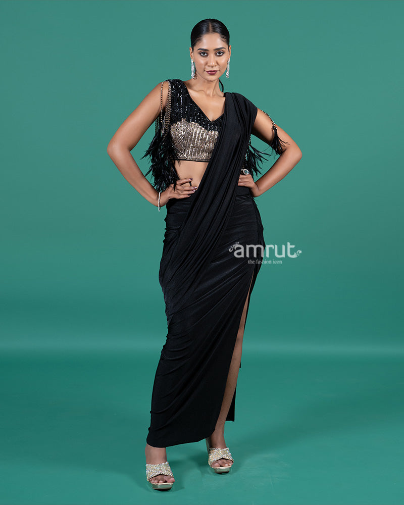 Black Draped Saree with Sequin Embellished Blouse 01Black Draped Saree with Sequin Embellished Blouse 01