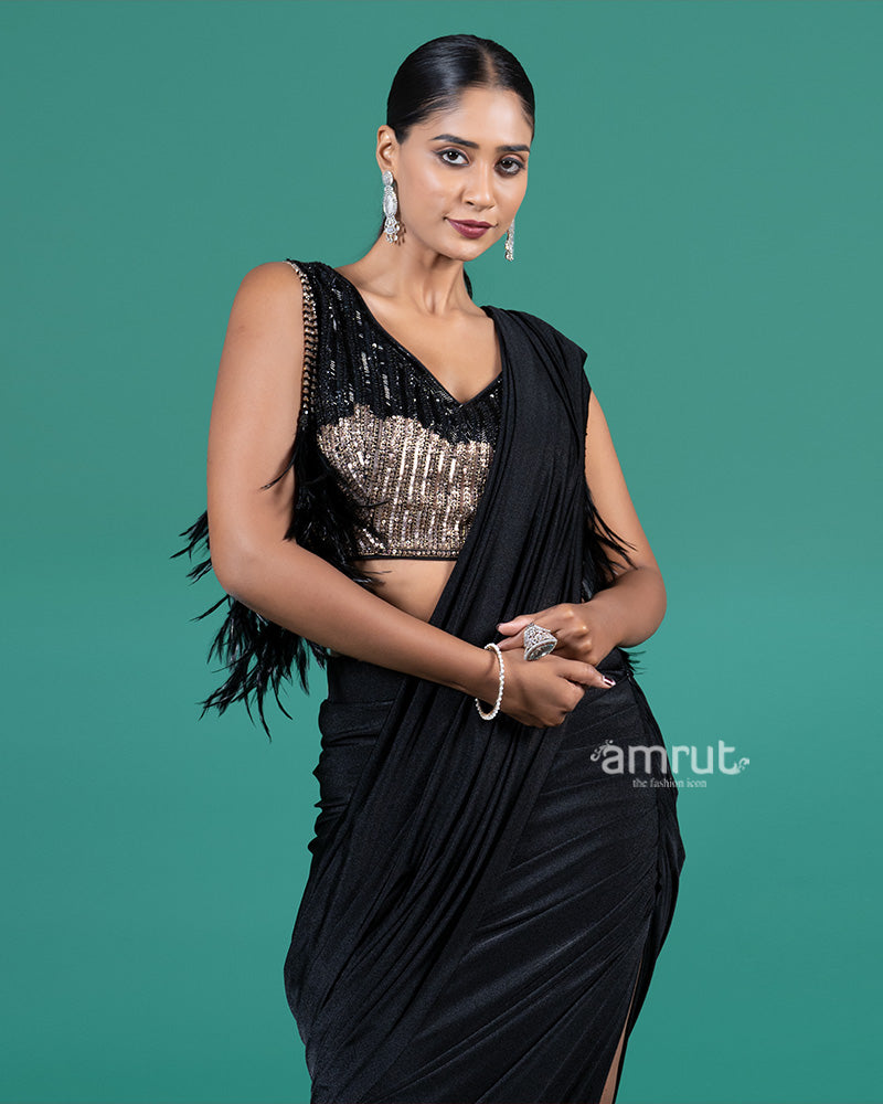 Black Draped Saree with Sequin Embellished Blouse 02