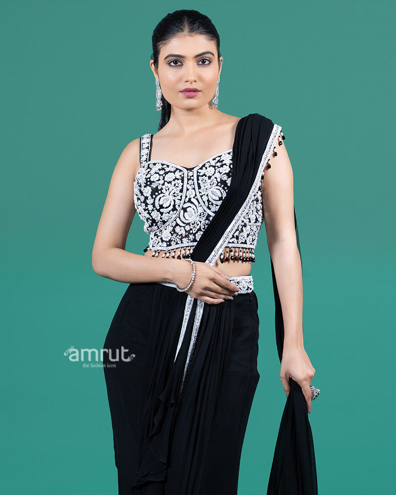 Black Embellished Draped Saree with Embellished Blouse 02