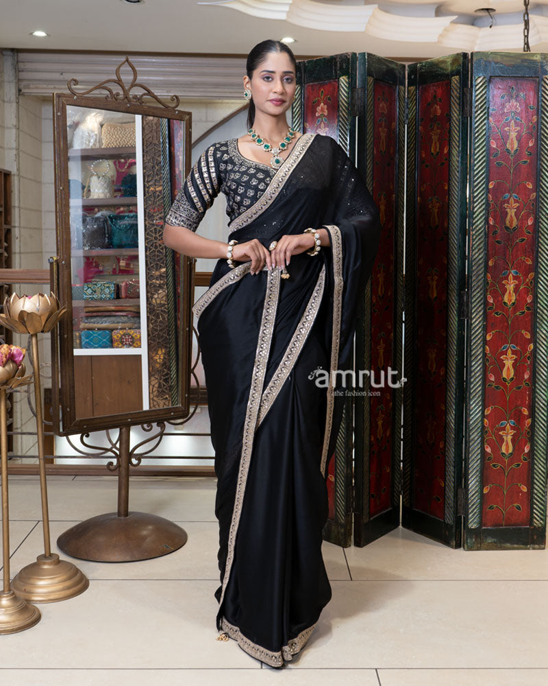 Black Embroidered Border Saree with Stitched Blouse 01