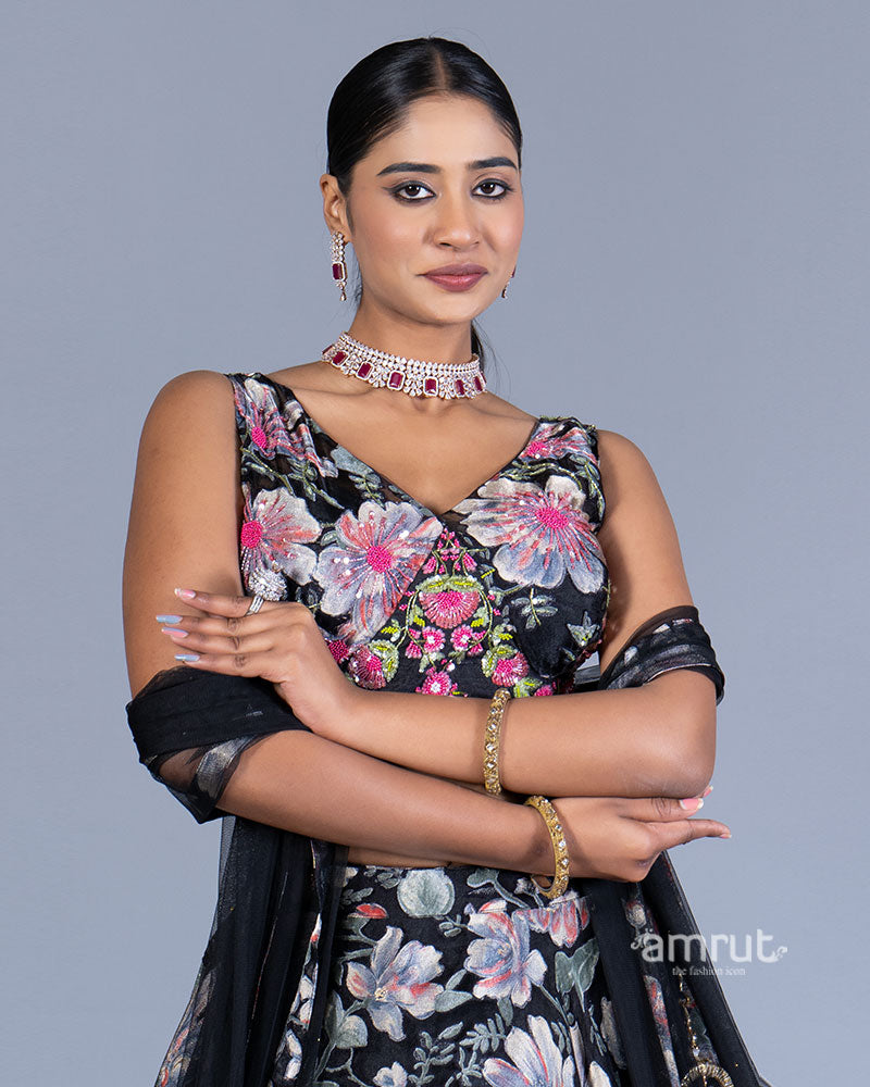 Black Floral Embellished Lehenga Choli with Matching Dupatta 02