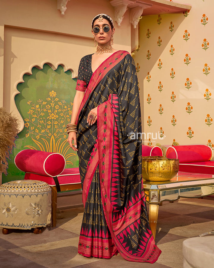 Black Ikat Printed  Saree with Contrast Red Border and Unstitched Blouse 01