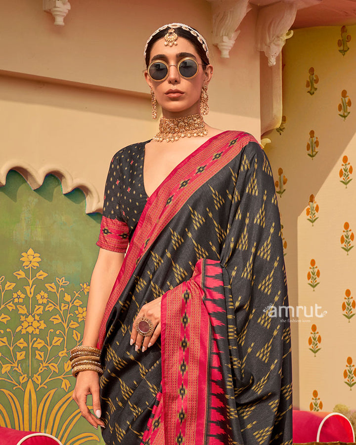 Black Ikat Printed  Saree with Contrast Red Border and Unstitched Blouse 02
