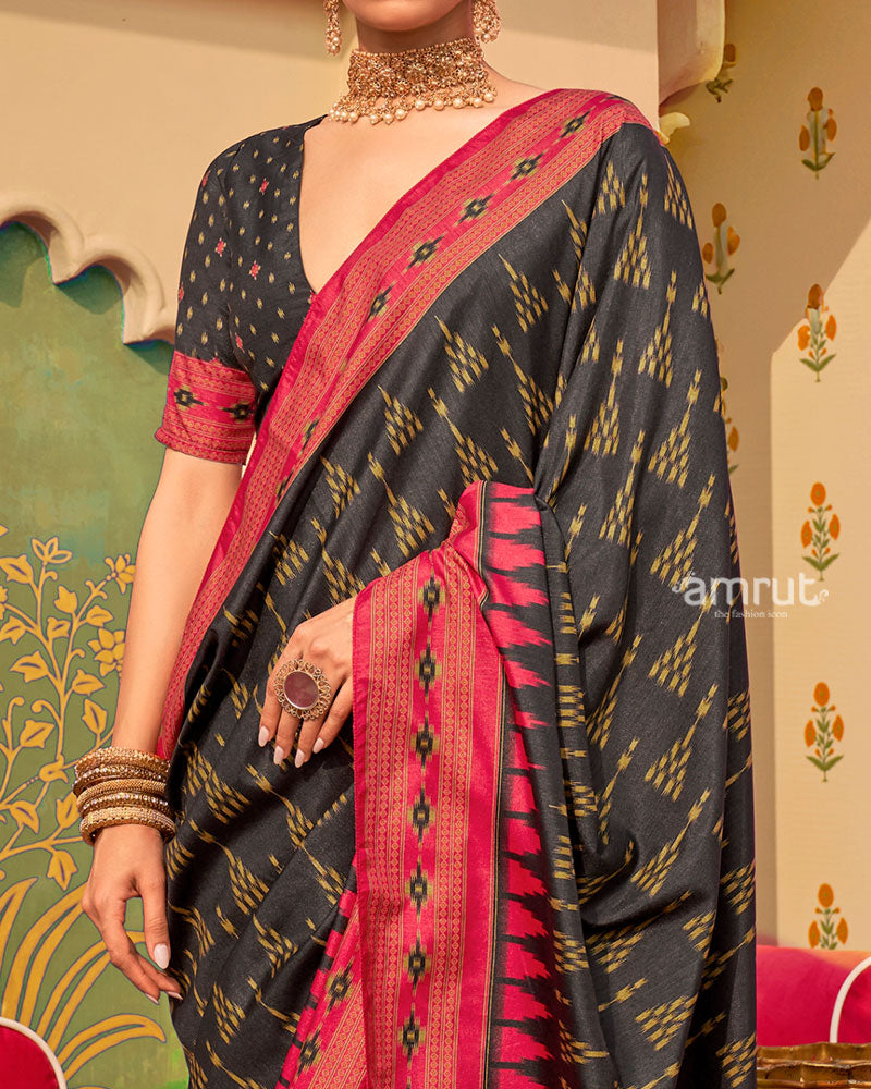 Black Ikat Printed  Saree with Contrast Red Border and Unstitched Blouse 03