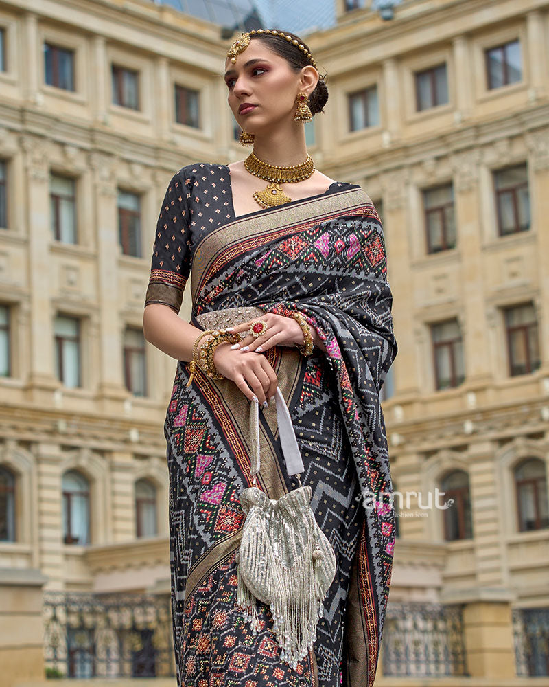 Black Printed Patola Saree with Zari Woven Border and Unstitched Blouse 02