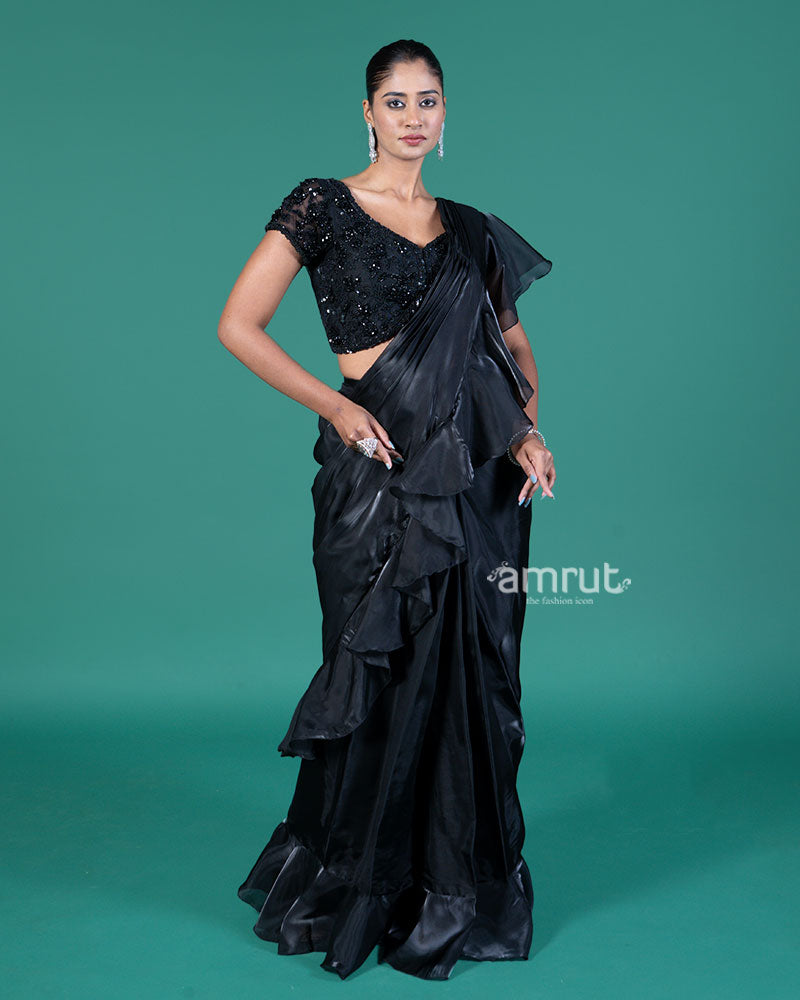 Black Ready-to-Wear Saree with Embellished Blouse and Ruffled Border 01