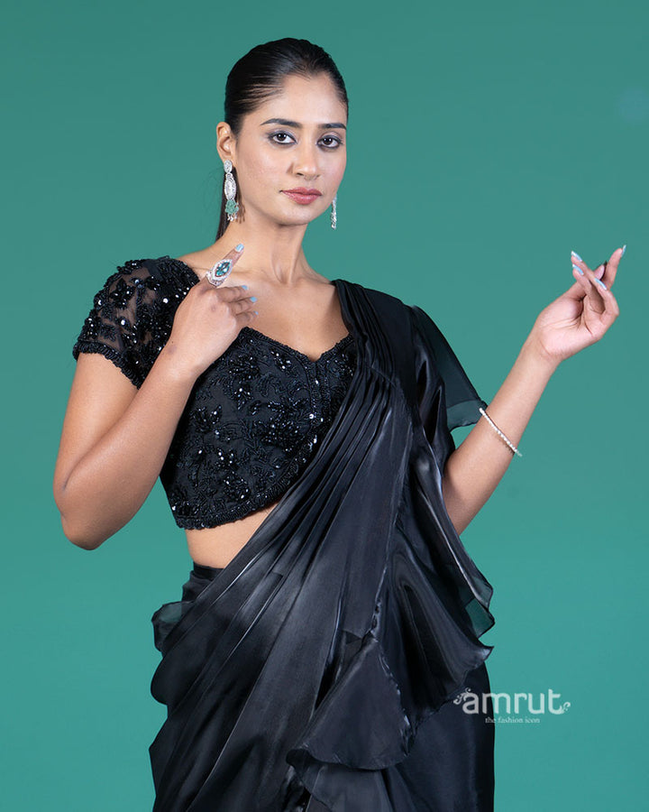 Black Ready-to-Wear Saree with Embellished Blouse and Ruffled Border 02