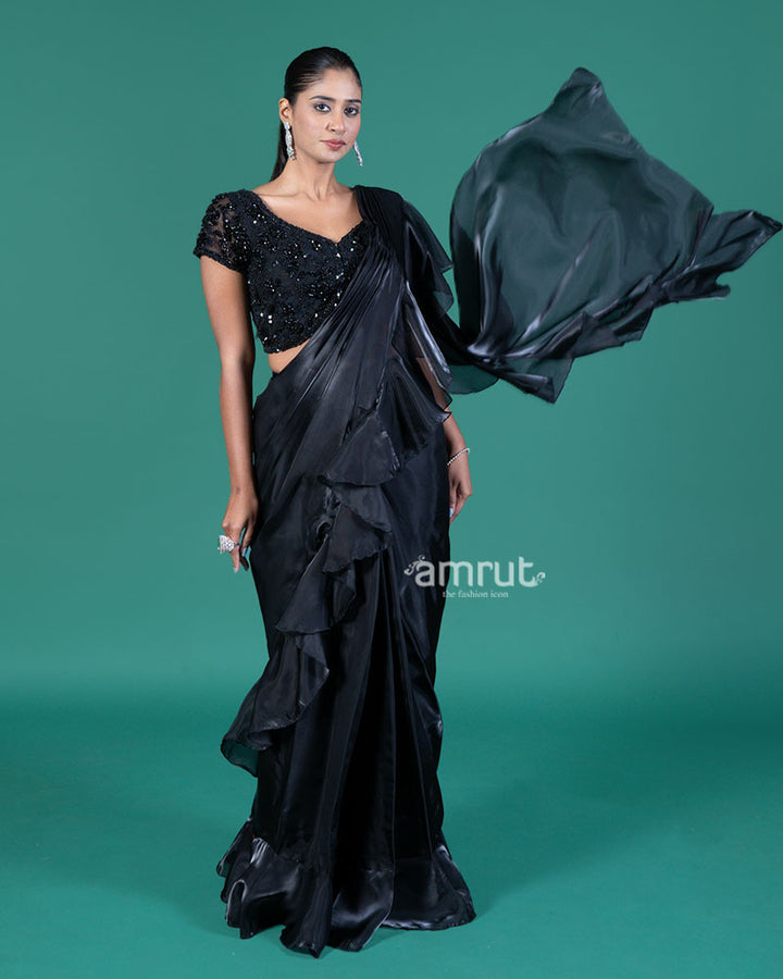Black Ready-to-Wear Saree with Embellished Blouse and Ruffled Border 04