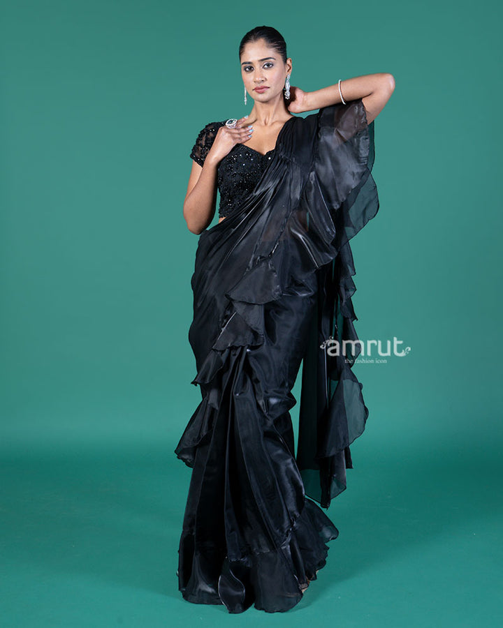 Black Ready-to-Wear Saree with Embellished Blouse and Ruffled Border 05